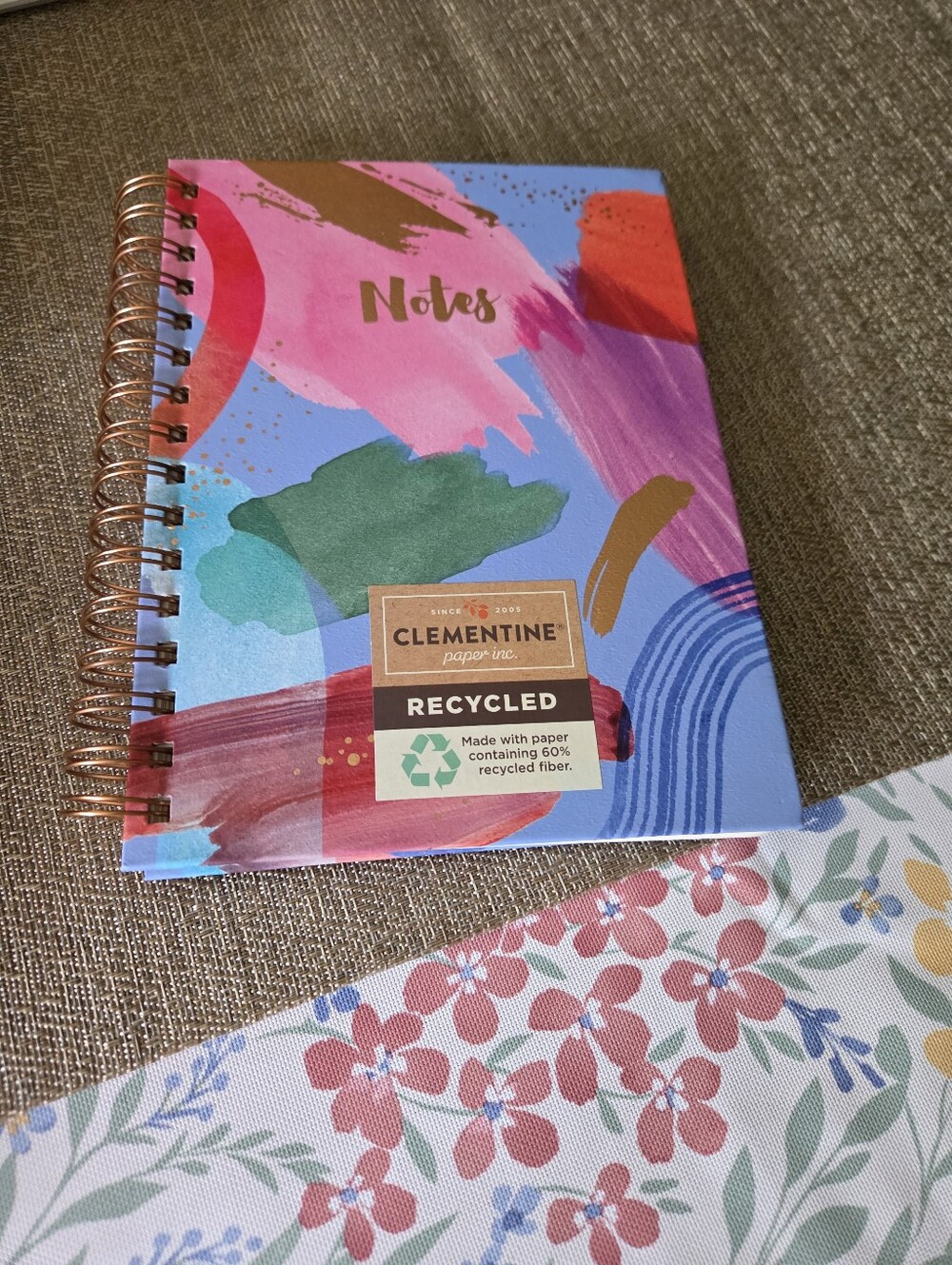 Clementine Recycled Spiral Notebook — Multicolor Abstract Cover, Pink & Blue